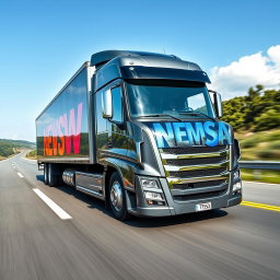 A large, modern truck driving on a real-world highway, with the word 'NEWSAD' written boldly on the side in vibrant, eye-catching letters