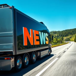 A large, modern truck driving on a real-world highway, with the word 'NEWSAD' written boldly on the side in vibrant, eye-catching letters