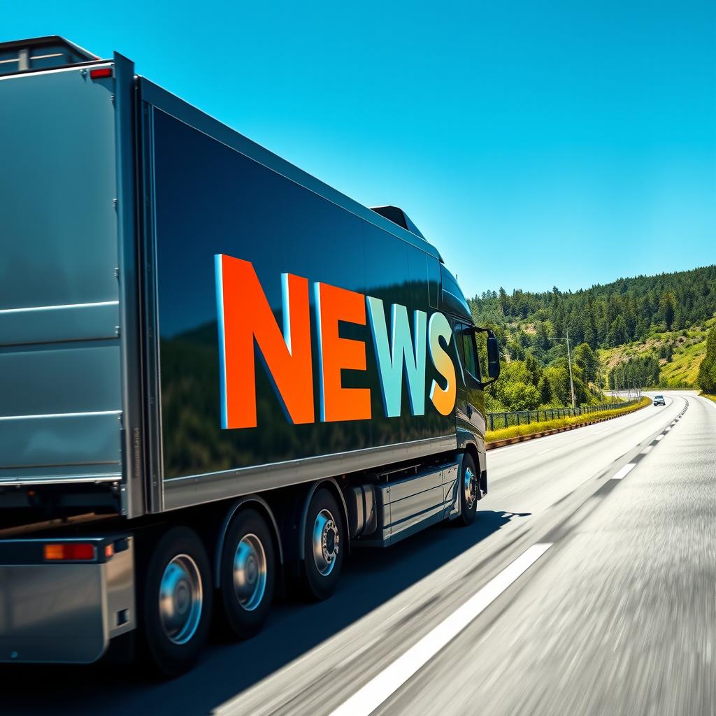 A large, modern truck driving on a real-world highway, with the word 'NEWSAD' written boldly on the side in vibrant, eye-catching letters