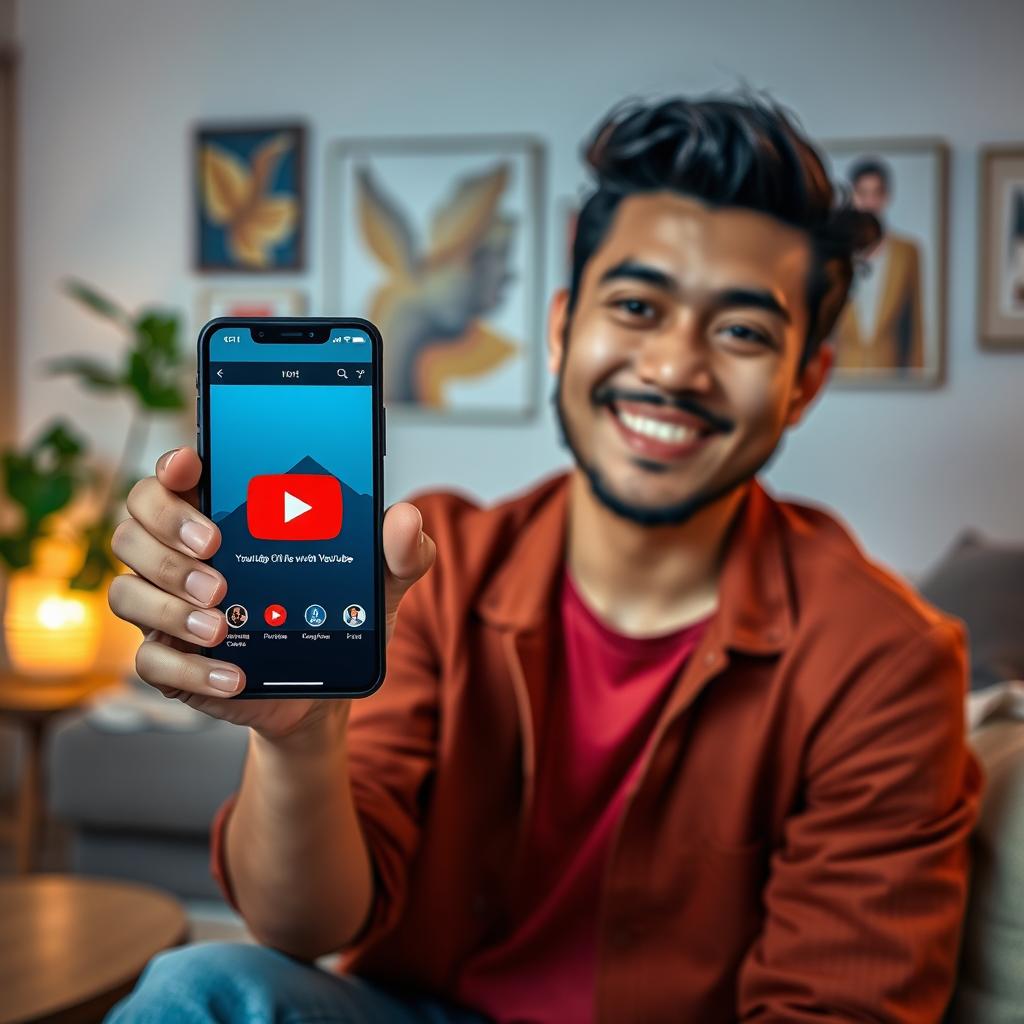 A person holding a smartphone displaying the YouTube app on the screen, vibrant colors, smiling expression, casual outfit, sitting in a cozy living room with soft lighting and leafy plants around, artistic decor in background, engaging vibe, contemporary style