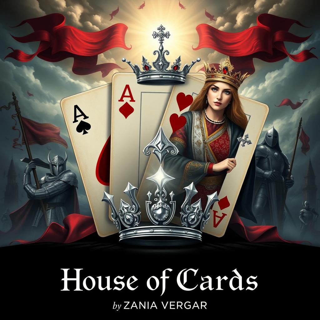 A stunning illustration titled 'House Of Cards', featuring a detailed arrangement of four playing cards: the Ace of Spades prominently in the front next to the Queen of Hearts, while the Ace of Clubs is positioned behind the Ace of Spades, and the Ace of Diamonds is placed behind the Queen of Hearts
