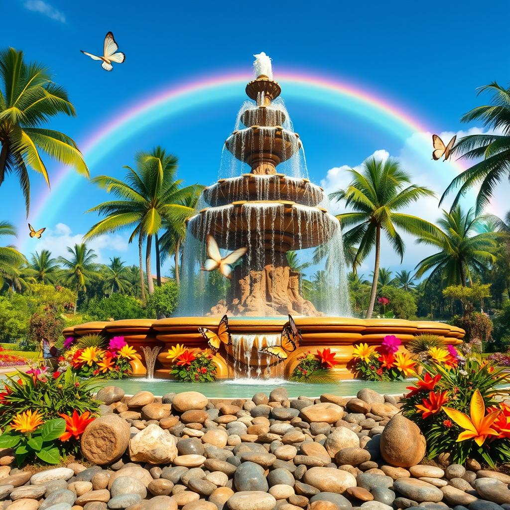 A stunning, massive fountain set in a serene paradise landscape