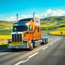 A large, modern truck driving on a real-world highway