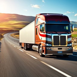 A large, modern truck driving on a real-world highway