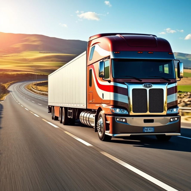A large, modern truck driving on a real-world highway