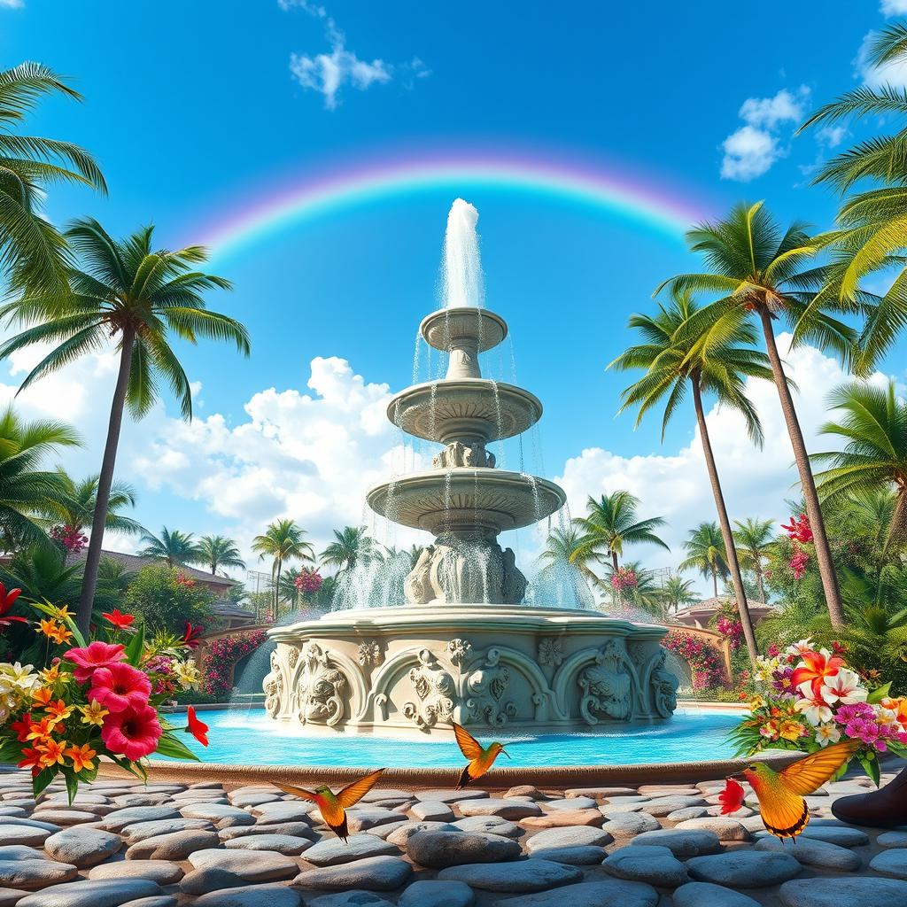 An even more breathtaking, colossal fountain set in a picturesque paradise landscape