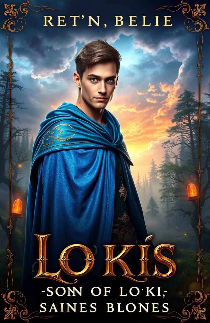 A captivating book cover for a fantasy novel inspired by Norse mythology, featuring the son of Loki, a strikingly handsome young man with mischievous green eyes and a playful smirk