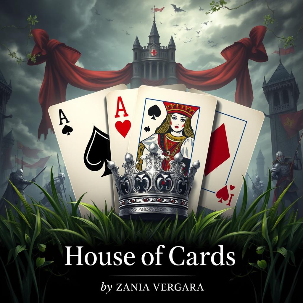 A stunning illustration titled 'House Of Cards', featuring a detailed display of four playing cards: the Ace of Spades prominently in the front next to the Queen of Hearts card, with the Ace of Clubs positioned behind the Ace of Spades, and the Ace of Diamonds placed behind the Queen of Hearts card