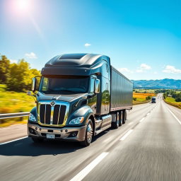 A large, real modern truck driving on a bustling highway, showcasing its powerful and sleek design