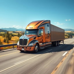 A large, real modern truck driving on a bustling highway, showcasing its powerful and sleek design
