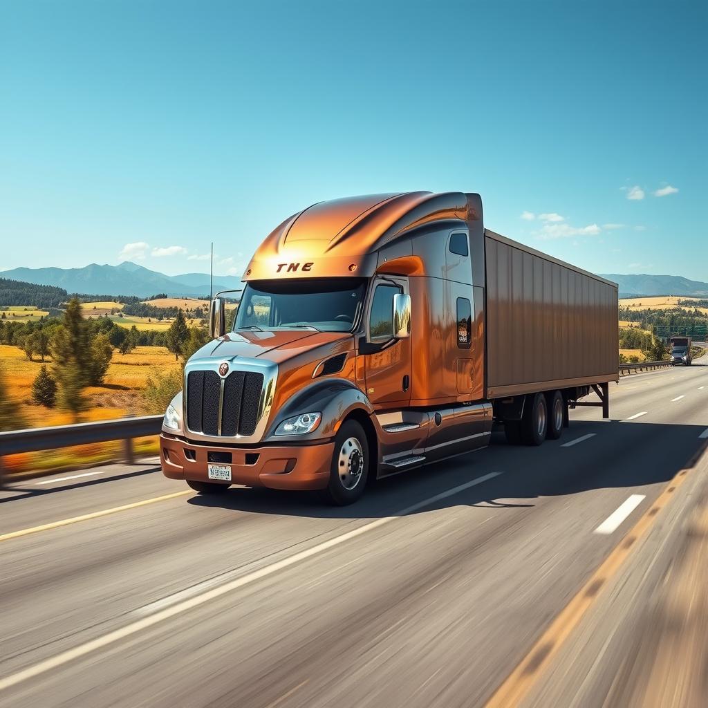 A large, real modern truck driving on a bustling highway, showcasing its powerful and sleek design