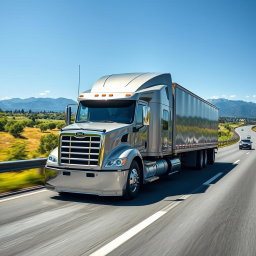 A large, real modern truck driving on a bustling highway, showcasing its powerful and sleek design