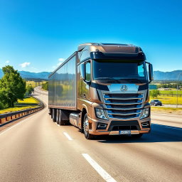 A large, real modern truck driving on a bustling highway, showcasing its powerful and sleek design