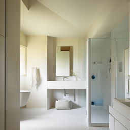 A minimalist bathroom, featuring clean lines, an uncluttered space, and neutral colors