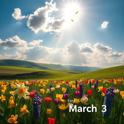A serene landscape depicting the beauty of nature in early spring, showcasing a vibrant field of blooming flowers in various colors like daffodils, tulips, and hyacinths