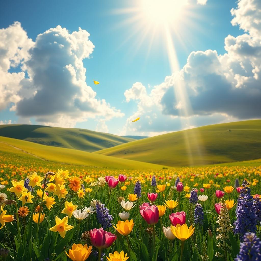A serene landscape depicting the beauty of nature in early spring, showcasing a vibrant field of blooming flowers in various colors like daffodils, tulips, and hyacinths