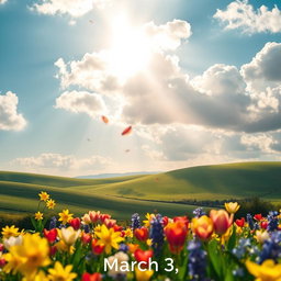 A serene landscape depicting the beauty of nature in early spring, showcasing a vibrant field of blooming flowers in various colors like daffodils, tulips, and hyacinths