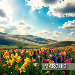 A serene landscape depicting the beauty of nature in early spring, showcasing a vibrant field of blooming flowers in various colors like daffodils, tulips, and hyacinths