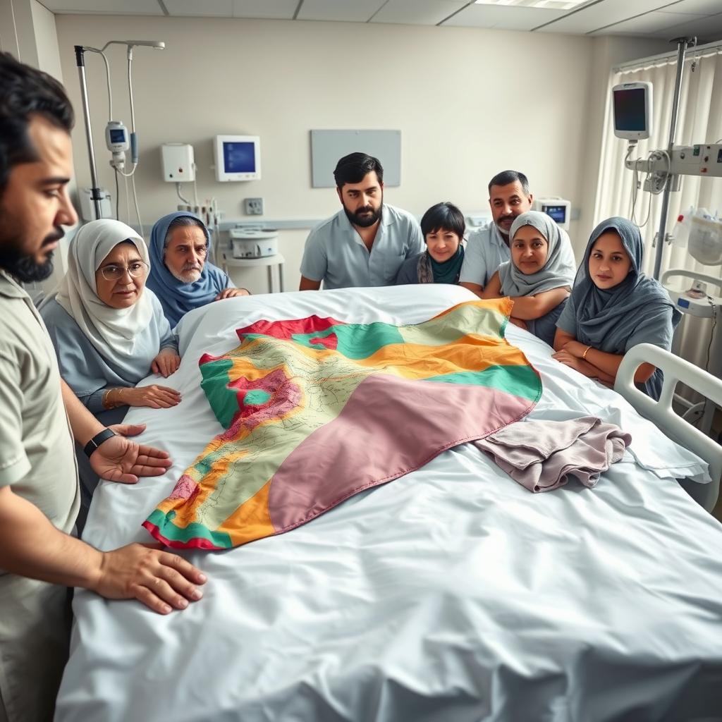 A detailed, artistic representation of a map of Syria lying on a hospital bed in an intensive care unit