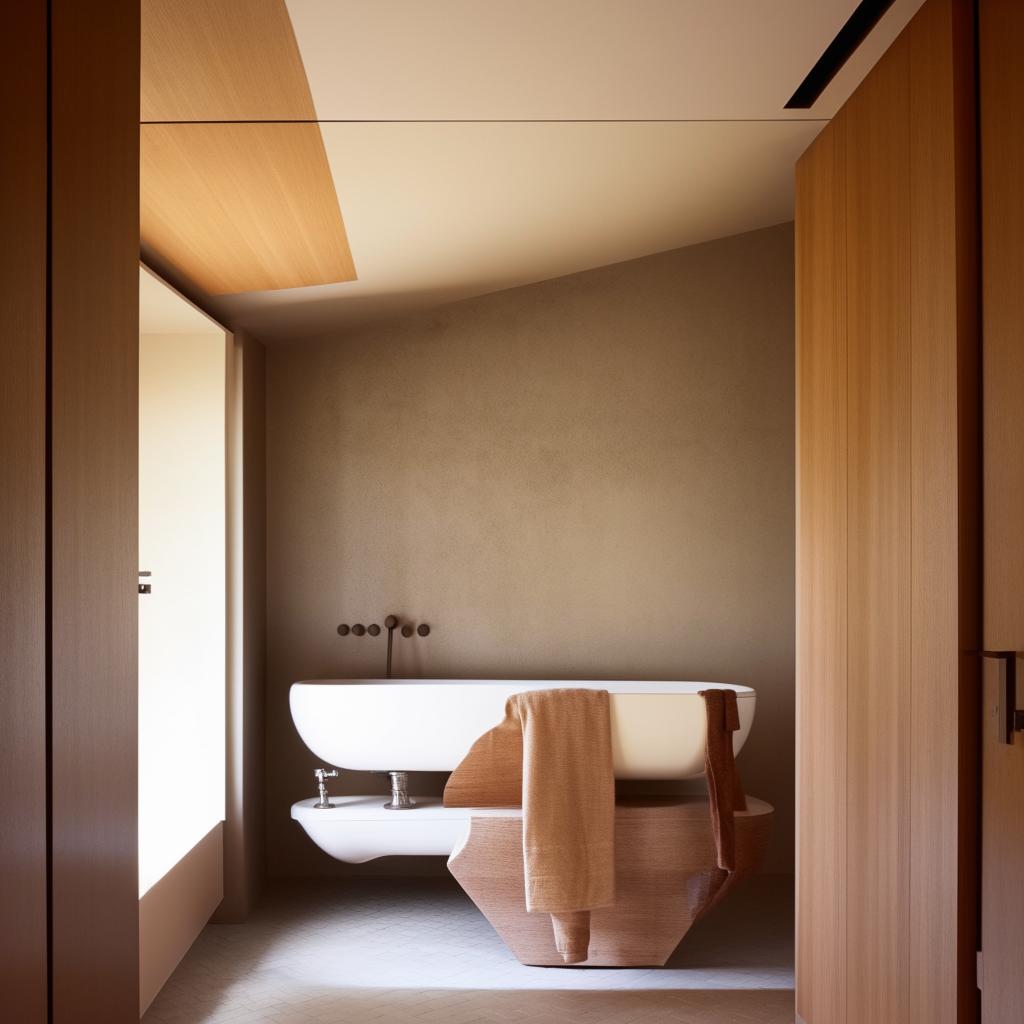 A minimalist bathroom, featuring clean lines, an uncluttered space, and neutral colors