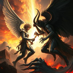 A dramatic and intense illustration of a battle between Lucifer and Satan, depicted as two powerful, mythical figures locked in combat