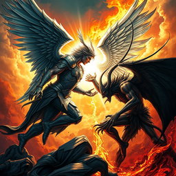 A dramatic and intense illustration of a battle between Lucifer and Satan, depicted as two powerful, mythical figures locked in combat
