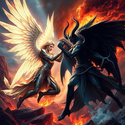 A dramatic and intense illustration of a battle between Lucifer and Satan, depicted as two powerful, mythical figures locked in combat