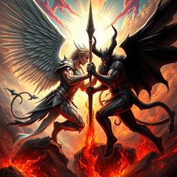 A dramatic and intense illustration of a battle between Lucifer and Satan, depicted as two powerful, mythical figures locked in combat
