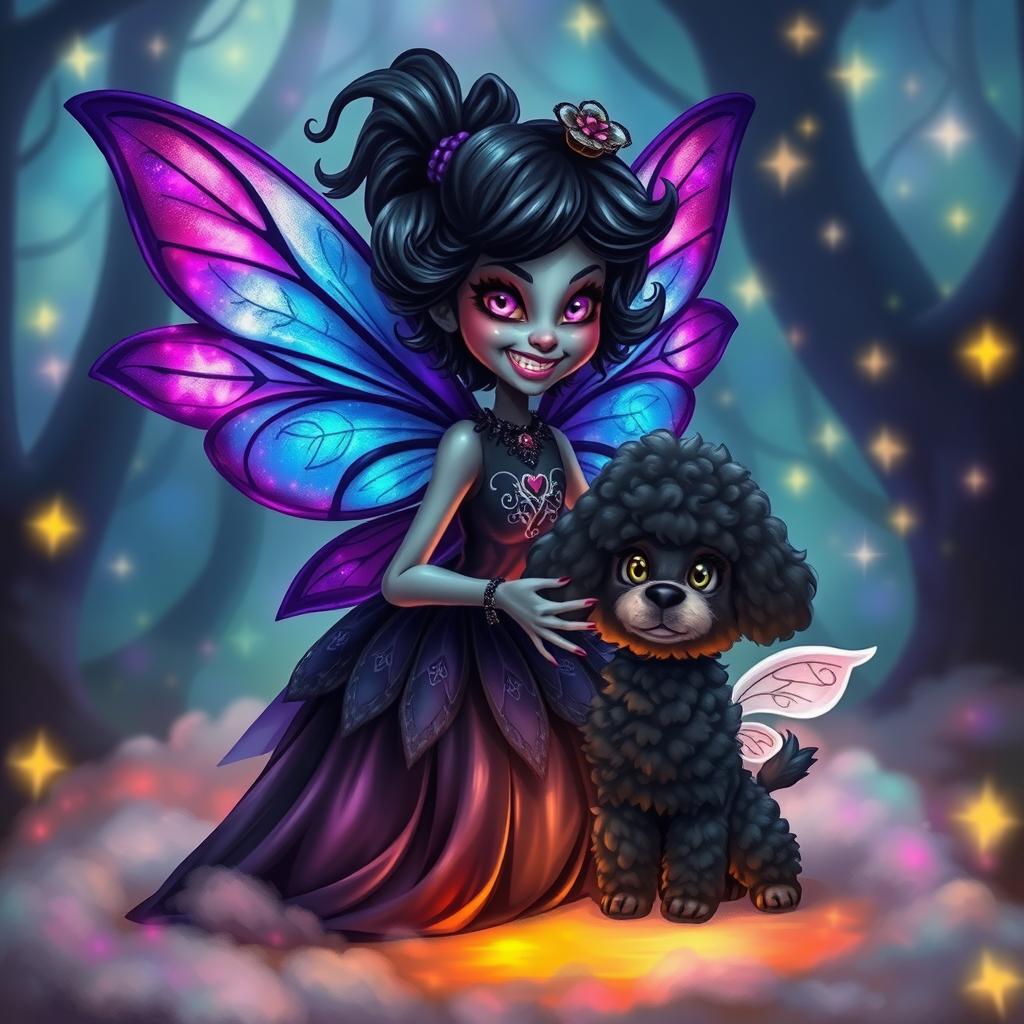 A dark and mystic tooth fairy with a playful yet eerie demeanor, accompanied by a fluffy, cute dark poodle dog with whimsical wings