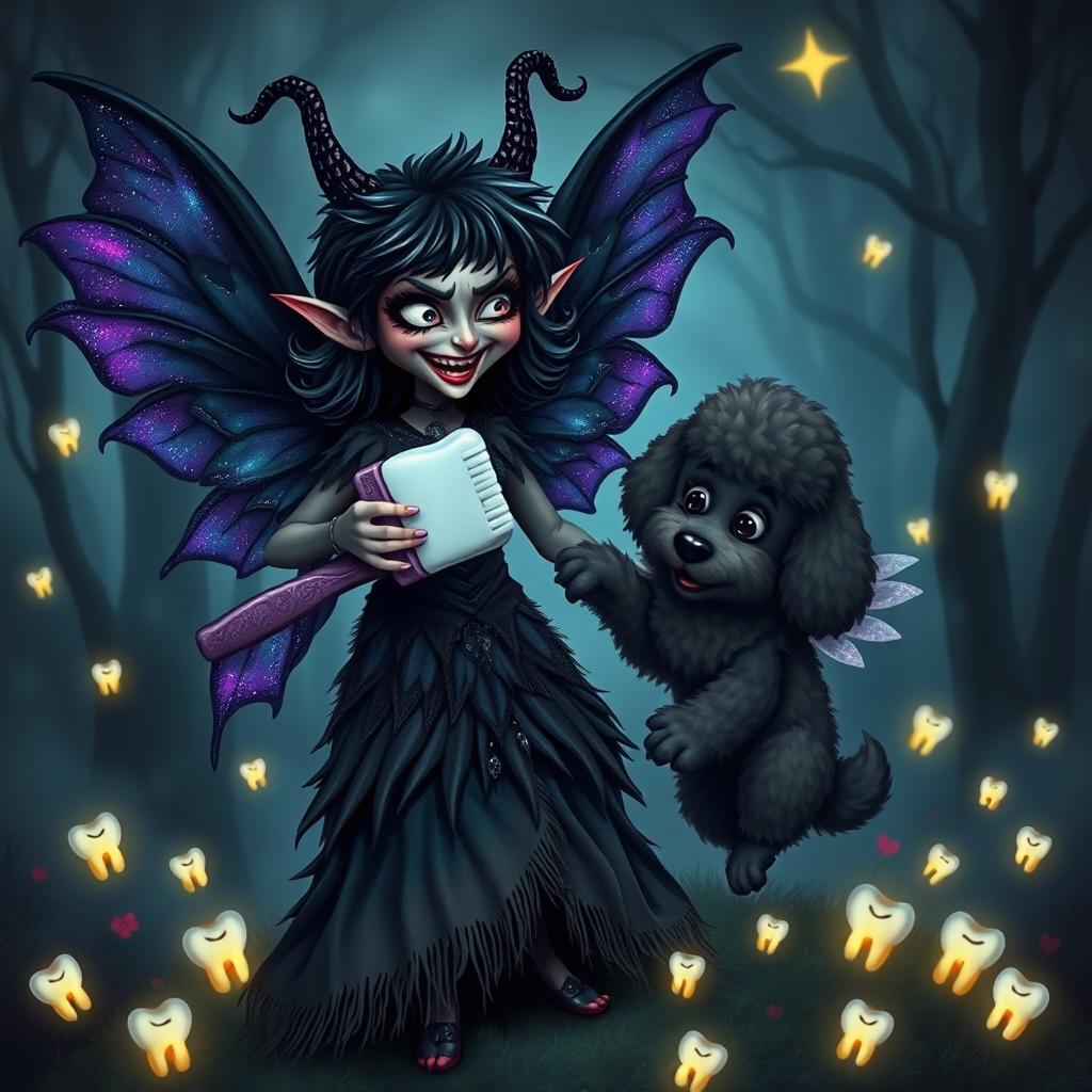 A dark and mystic tooth fairy with an evil yet funny expression, accompanied by a fluffy, cute dark poodle dog with whimsical wings