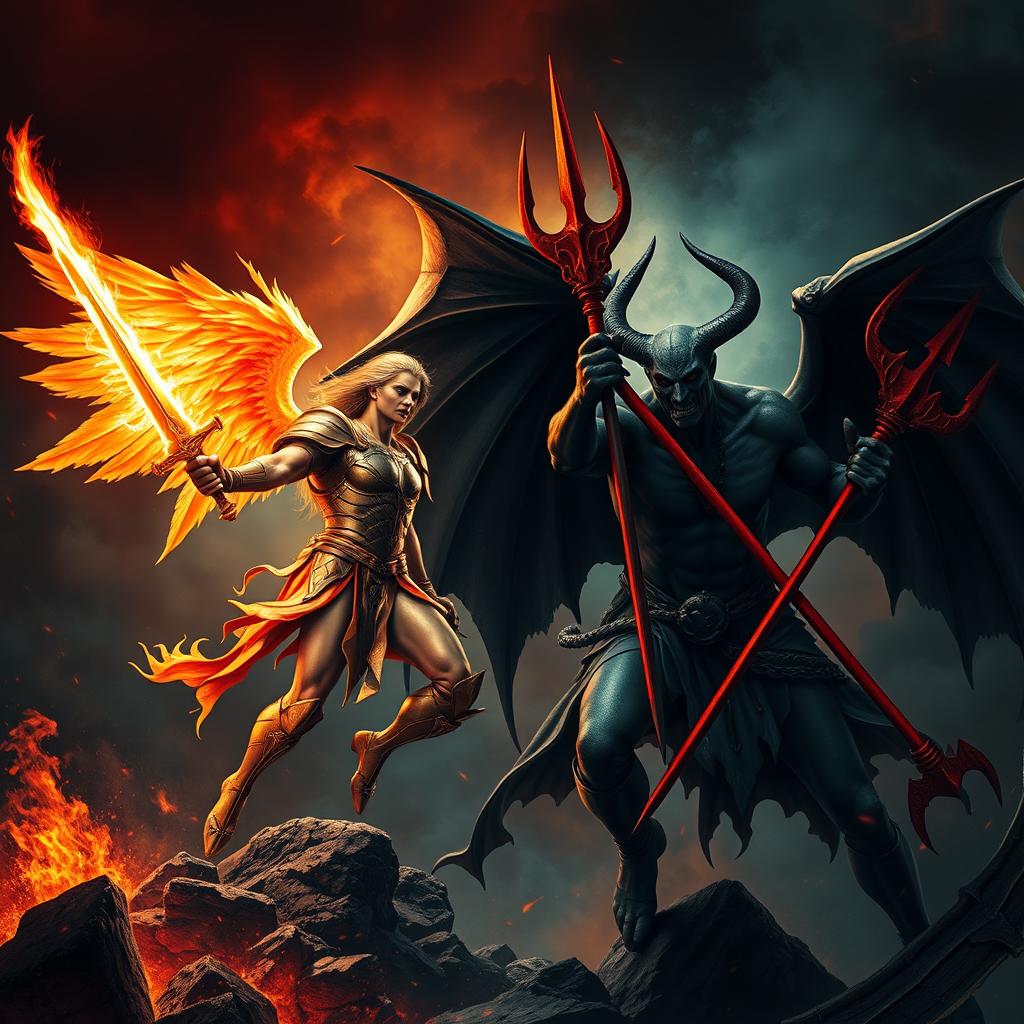 A dramatic scene depicting Lucifer and Satan in an epic battle