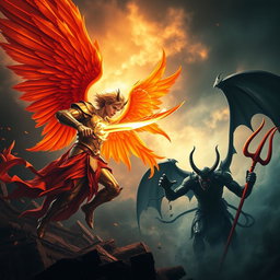 A dramatic scene depicting Lucifer and Satan in an epic battle