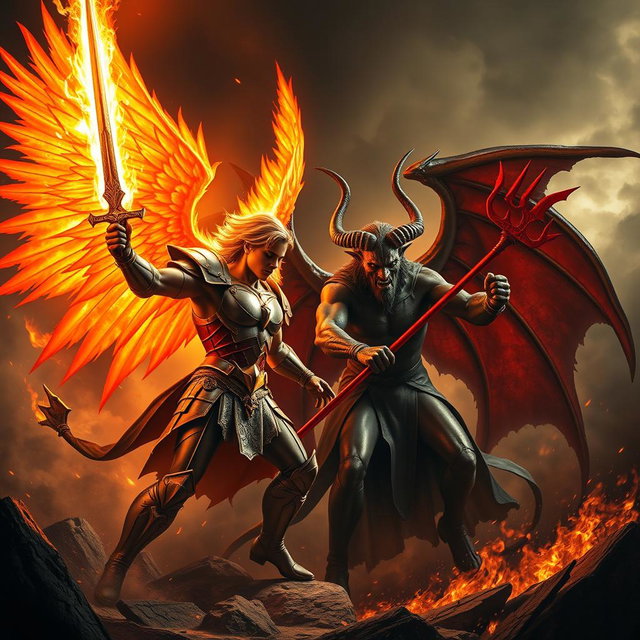 A dramatic scene depicting Lucifer and Satan in an epic battle