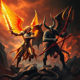 A dramatic scene depicting Lucifer and Satan in an epic battle