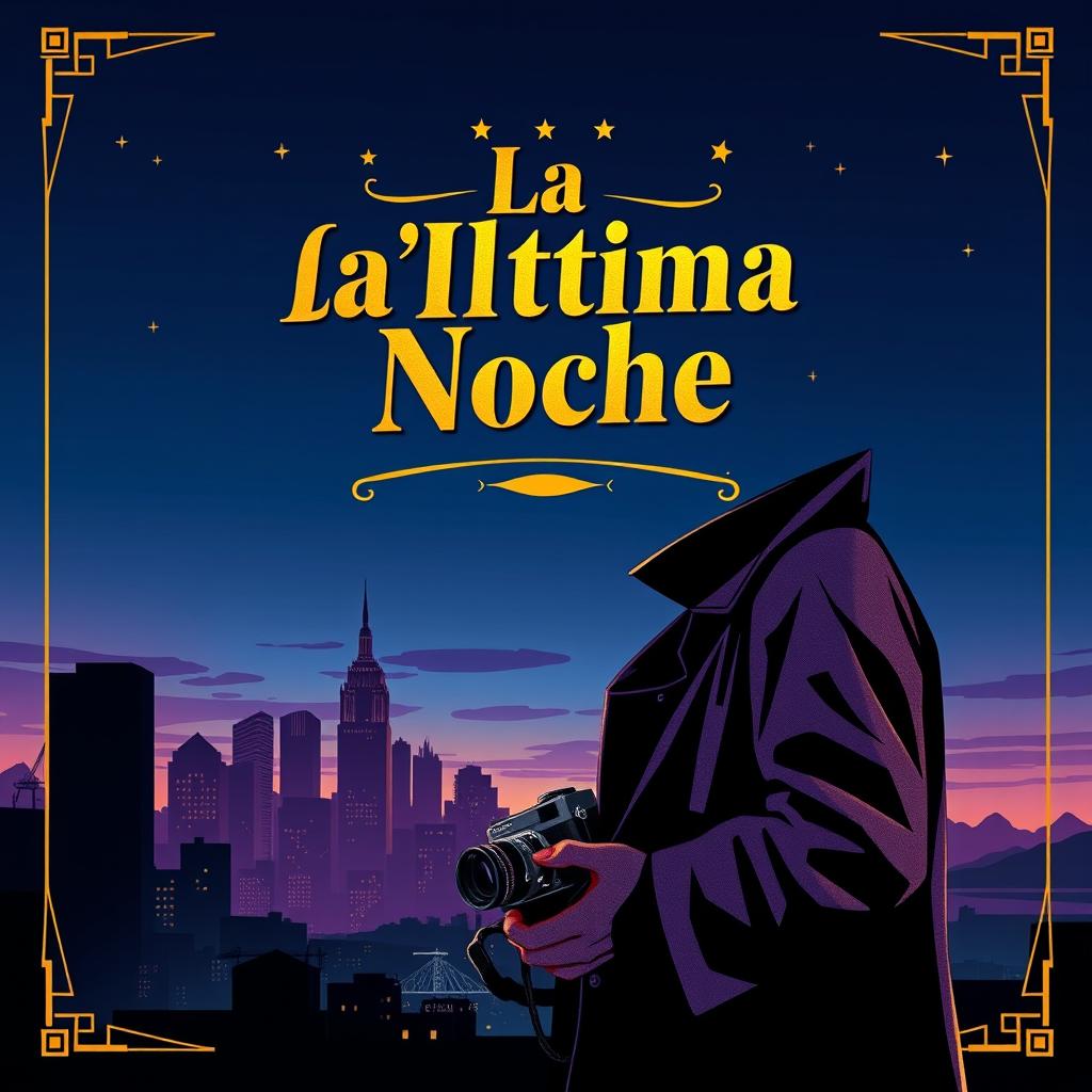 A vibrant and artistic cinema poster design for a fictional movie titled 'La Última Noche', featuring a striking silhouette of a city skyline against a twilight backdrop