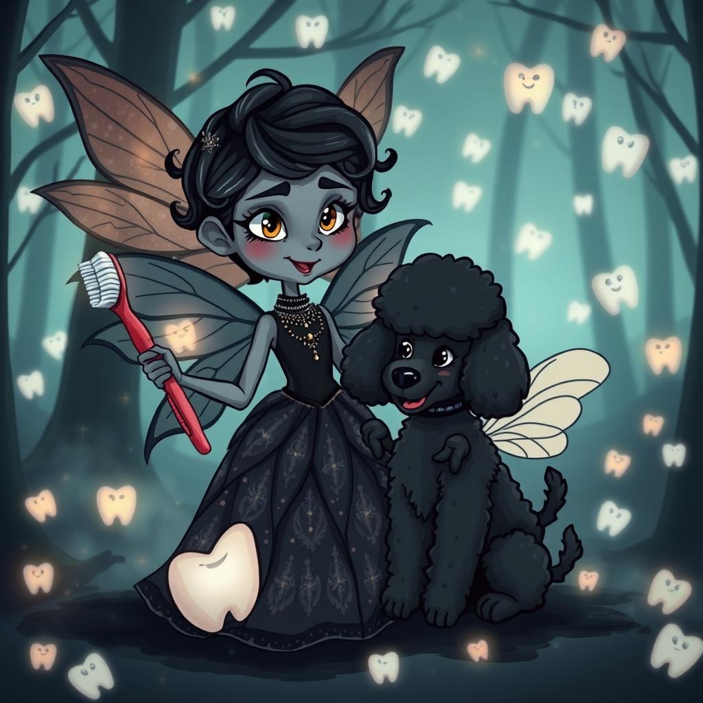 A dark and cute tooth fairy with a charmingly mischievous expression, accompanied by a fluffy, adorable dark poodle dog that has whimsical wings
