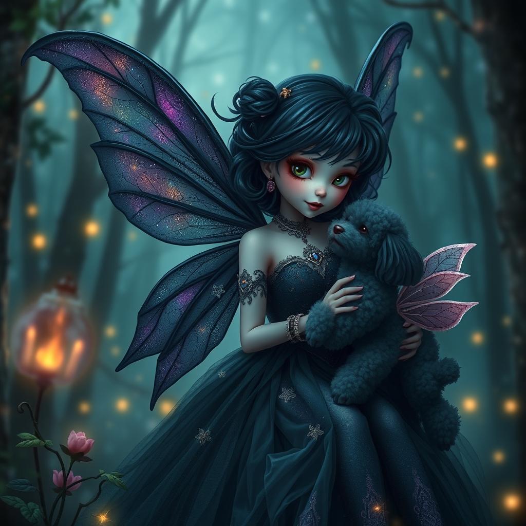 A dark and mystic tooth fairy with an enchanting aura, accompanied by a fluffy, cute dark poodle dog with whimsical wings
