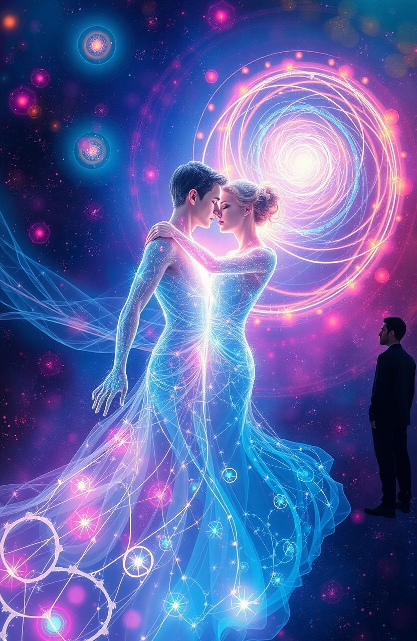 An abstract sci-fi scene depicting two ethereal light beings, a male and a female, intertwining in a dreamy cosmic environment filled with vibrant colors and swirling patterns of light