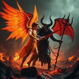 An intense confrontation depicting Lucifer as a fallen angel with orange wings and a glowing fiery sword