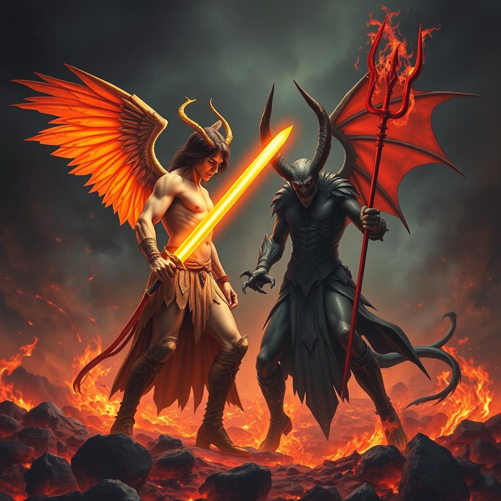 An intense confrontation depicting Lucifer as a fallen angel with orange wings and a glowing fiery sword