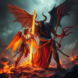 An intense confrontation depicting Lucifer as a fallen angel with orange wings and a glowing fiery sword