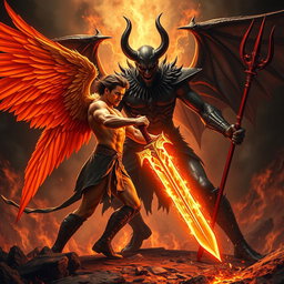 An intense confrontation depicting Lucifer as a fallen angel with orange wings and a glowing fiery sword