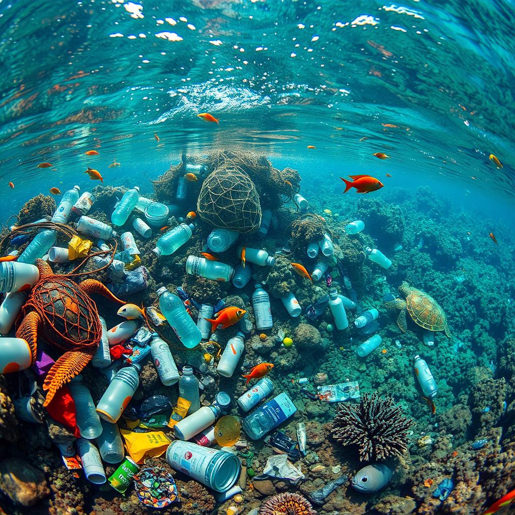 A vivid underwater scene showcasing various types of trash scattered across the ocean floor, including plastic bottles, abandoned fishing nets, and colorful wrappers