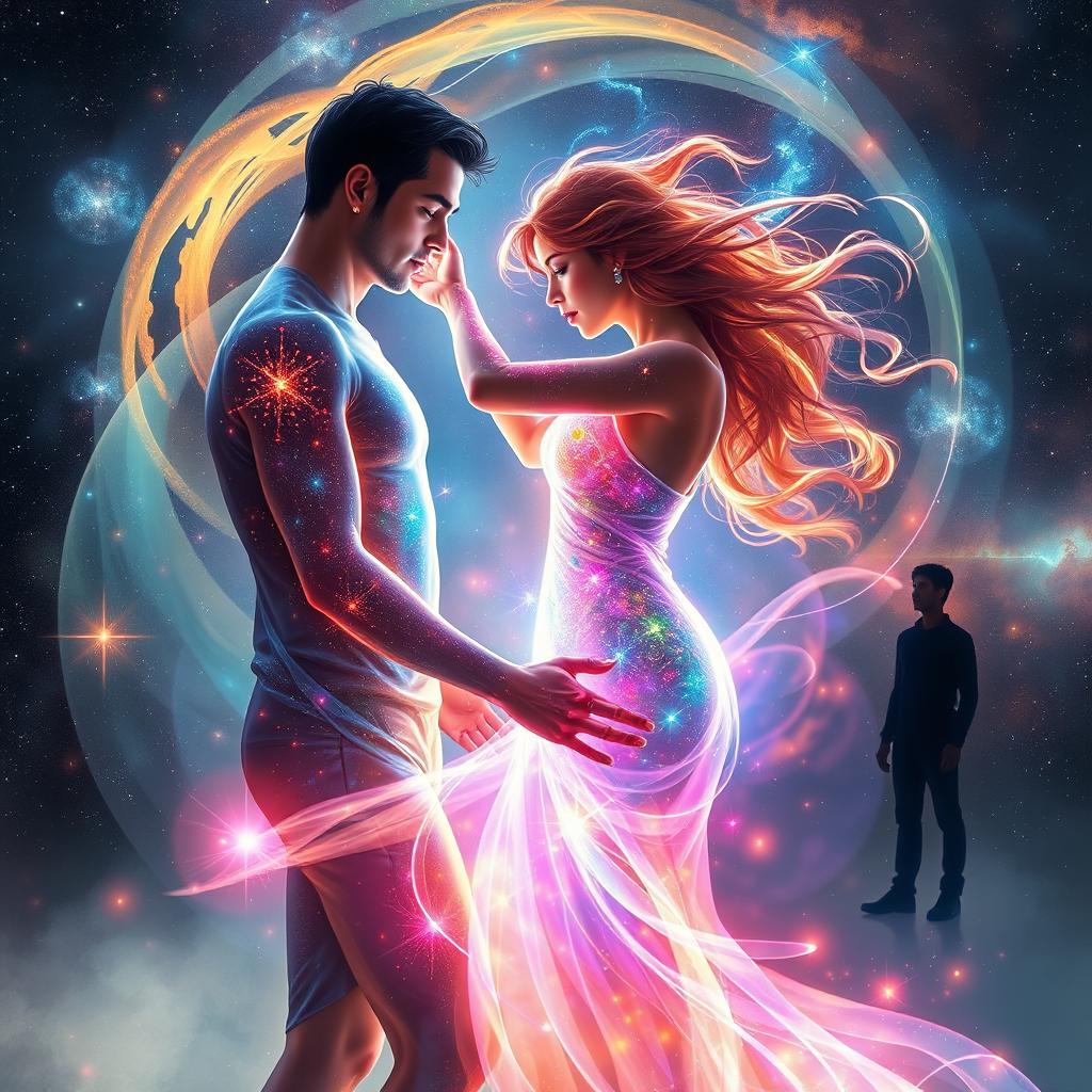 An abstract sci-fi scene featuring two luminous light beings, a male and a female, entwined in a dance of energy and color, set against a vast cosmic background filled with nebulae and stars