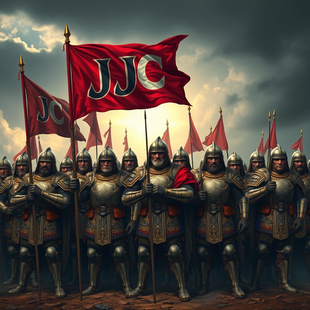 Several armored soldiers standing proudly together, each holding a flag that prominently features the letters 'JC'
