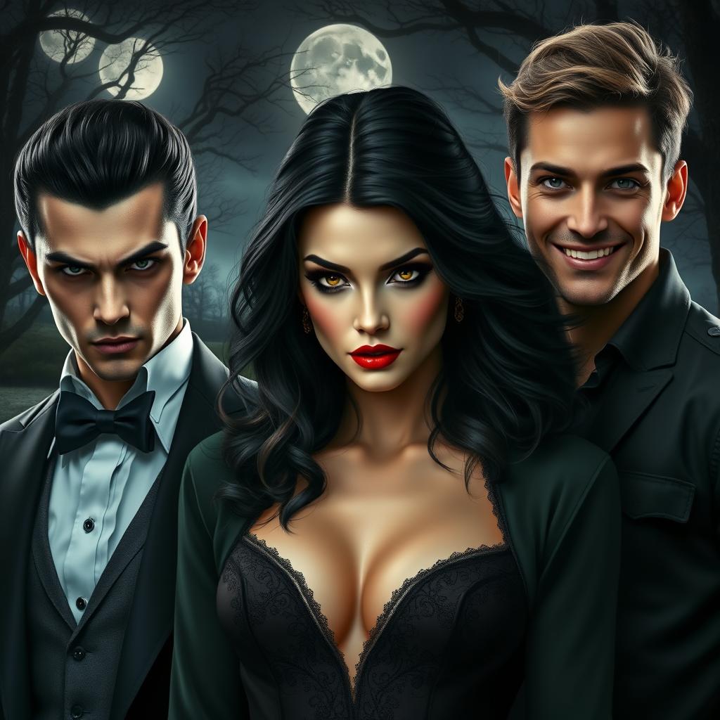 A stunning female vampire with captivating eyes and dark, flowing hair, positioned in the center of the image