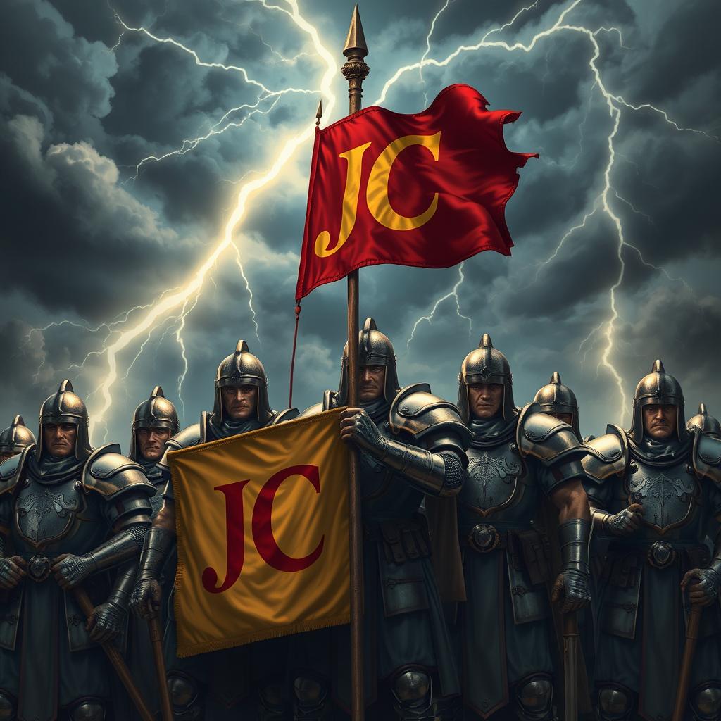 Several armored soldiers standing valiantly together, each gripping a flag that boldly displays the letters 'JC'