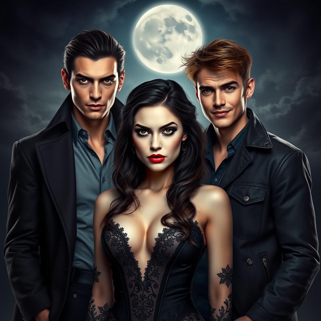 A captivating scene featuring a beautiful female vampire at the center, exuding an aura of mystery with her porcelain skin, striking red lips, and piercing eyes