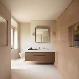 A minimalist style bathroom with subtle colors, streamlined furniture, and spacious, uncluttered layout.