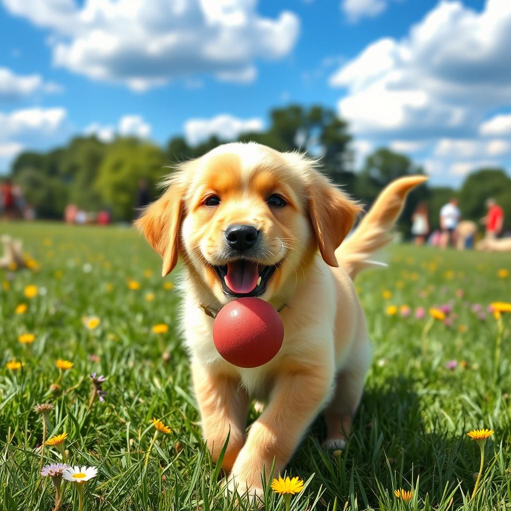 A playful golden retriever puppy with fluffy fur, wagging its tail enthusiastically